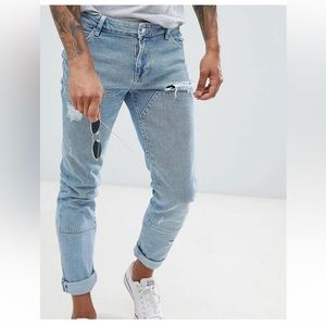 Men - ASOS DESIGN skinny jeans in light wash blue cut and sew panelling